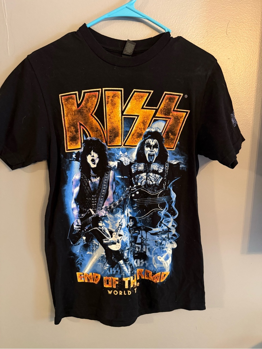 Kiss Black Graphic Tee with Orange and Blue Band Art